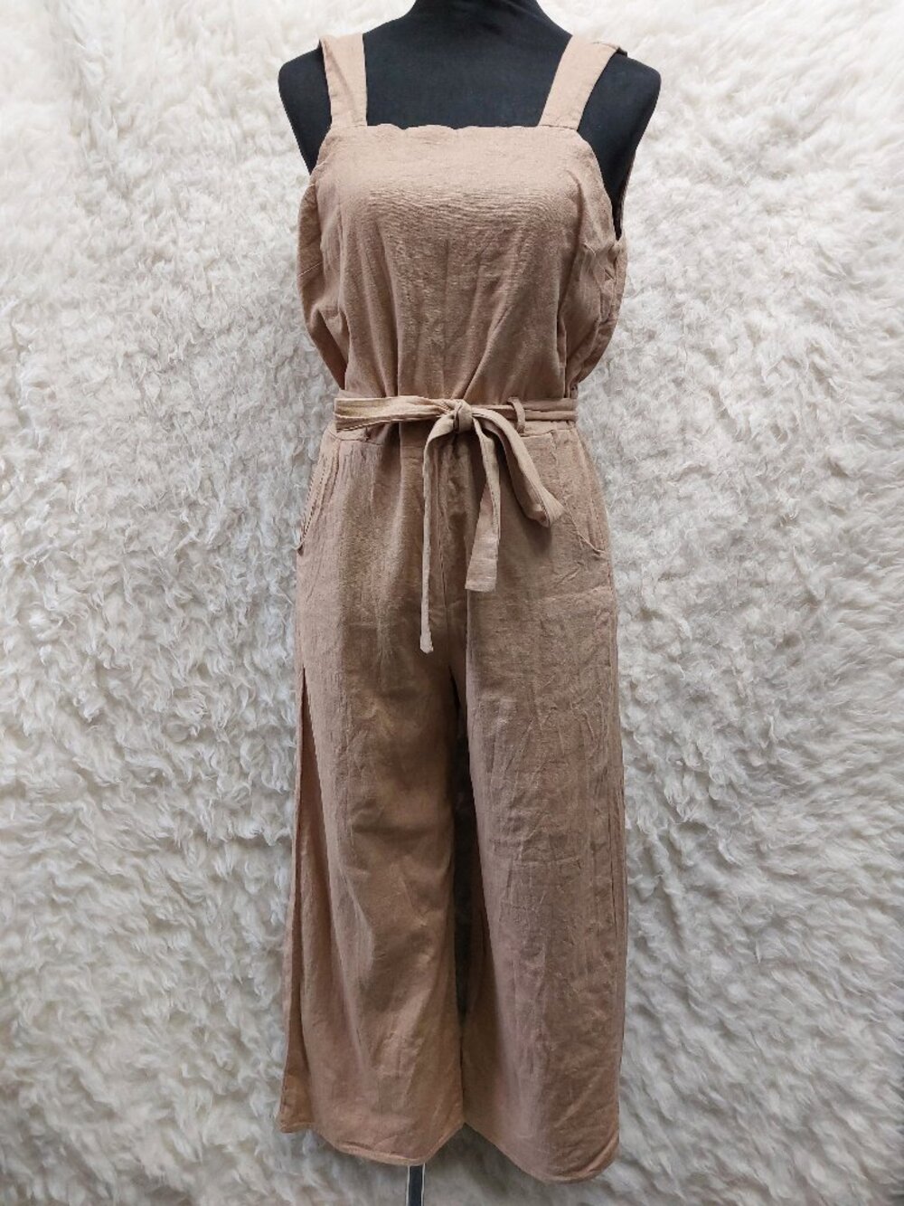 Monteau Women's Linen Blend Beige Apron Jumpsuit Size M